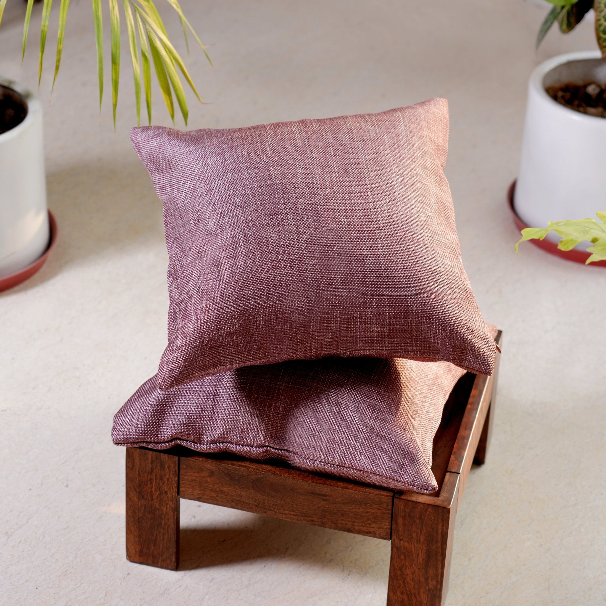 Jute Essence Dark Mauve Cushion Covers, Pack of 2, 16" x 16" - Coral Slub -